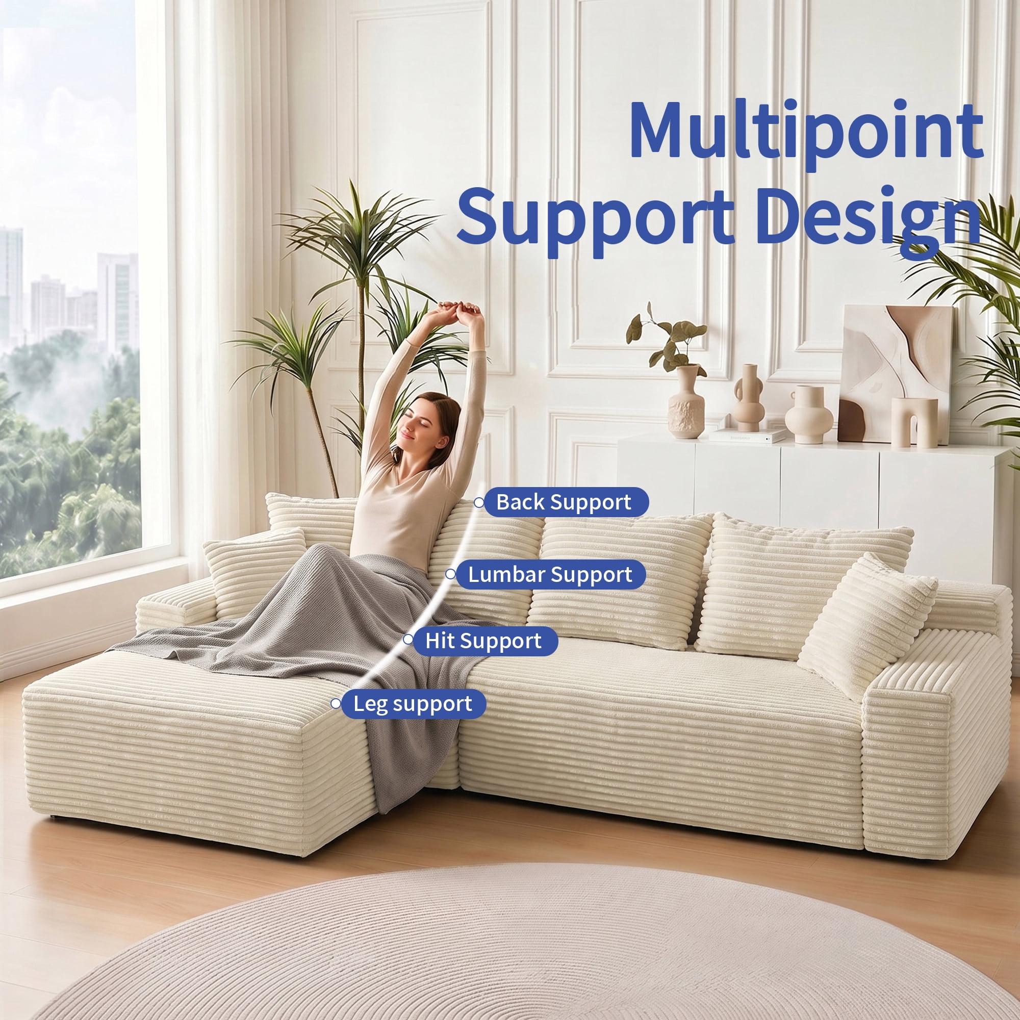 Leumius 95" Boneless Modular Sectional Sofa with Chaise,L-Shaped Comfy Corduroy Couch with Deep Seat,Upholstered Sectional Couch for Living Room, No Assembly,Beige