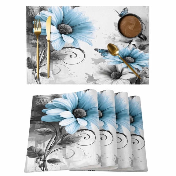 Blue Gray Daisy Butterfly Placemats Set of 2, Floral Botanical Watercolor Plant Non-Slip Place Mats Washable Table Mats for Kitchen Dining Table Decorations Indoor/Outdoor