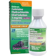 Children's Allergy Medicine, Sugar Free Grape Flavor, Cetirizine Kids Antihistamine Oral Solution Syrup for Indoor & Outdoor Allergy Relief, 24-Hour Symptom Relief, 4 fl oz
