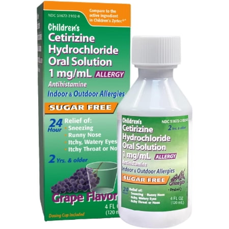 Children's Allergy Medicine, Sugar Free Grape Flavor, Cetirizine Kids Antihistamine Oral Solution Syrup for Indoor & Outdoor Allergy Relief, 24-Hour Symptom Relief, 4 fl oz