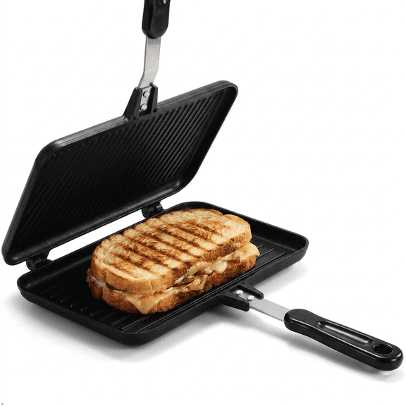 Small Panini Press, Stovetop Grill Panini Maker and Sandwich Press, Non-Stick Aluminum Flip Pan with Locking Handle