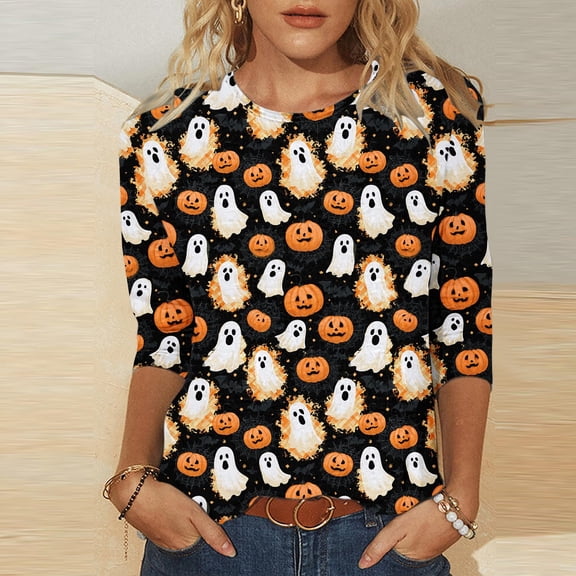 HOMBOM Womens Halloween Essentials T Shirt Crewneck Soft Basic Ghost Print 3/4 Sleeve Cute Young Womens Tees Baggy Shirts,S