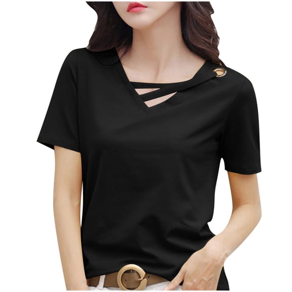 HomeGardon Summer Tops Tops for Women Casual Oversize Solid Color V-Neck Hooded Short Sleeve T-shirt Tank Top,M-XXXL