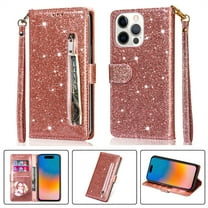 DeCase Fashionable for iPhone 15 Plus Wallet Case, Glitter Bling Sparkle Leather Folio, Zipper Pocket, Magnet Clasp, 3 Card Holders, Strap & Stand for iPhone 15 Plus, Rosegold