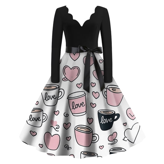 Fgvctg Valentine's Day Womens Dresses Prom Vintage Cocktail 1950s Tea Dress Love Heart Print V Neck Dress Oversized Sweet Long Sleeve Clothing Casual Outfits White 3XL
