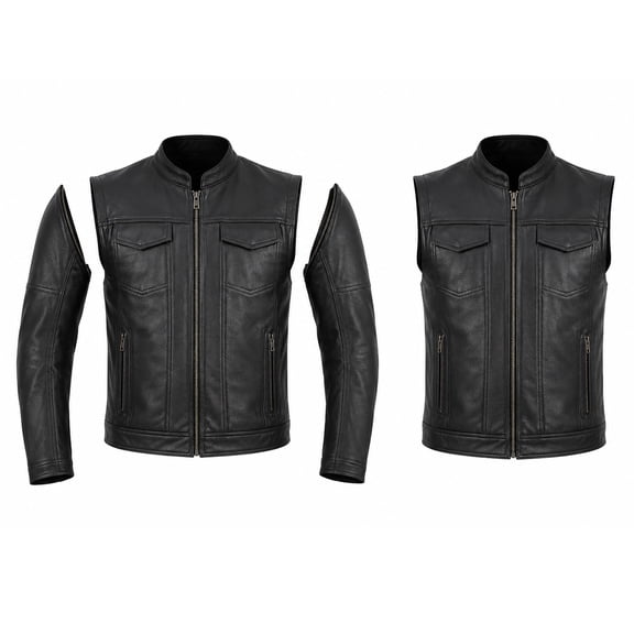 Men's Premium Cowhide Leather Motorcycle Jacket, Convertible to Vest with Zip-Off Sleeves, Club Style Design, YKK Zippers, Black, Small