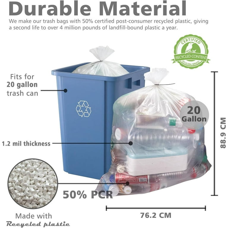 Clear Trash Bags 20 Gallon Trash Bags with Ties 1.2 Mil Thick Clear Recycling Bags 20 Gallon Tall Kitchen Trash Bags 50 PCR Content 30 x35 Clear Large Trash Bags Lawn and Leaf Bags 30