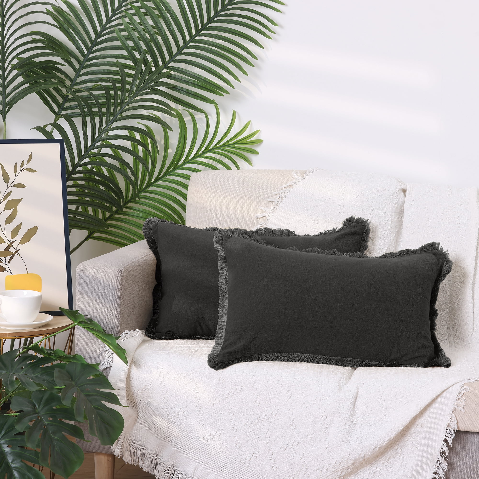 Unique Bargains 4 Pcs Cotton Throw Pillow Cover with Tassel Trim for Home Decor Gray 12" x 20"