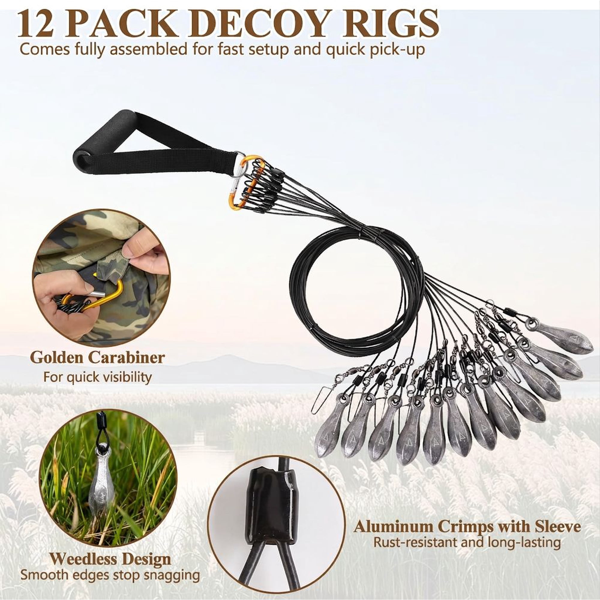 12 Pack 4oz Decoy Weights -Free Texas Decoy Anchors 3ft Coated Steel Cable Rotating Swivel Snap for Waterfowl Decoy Spread