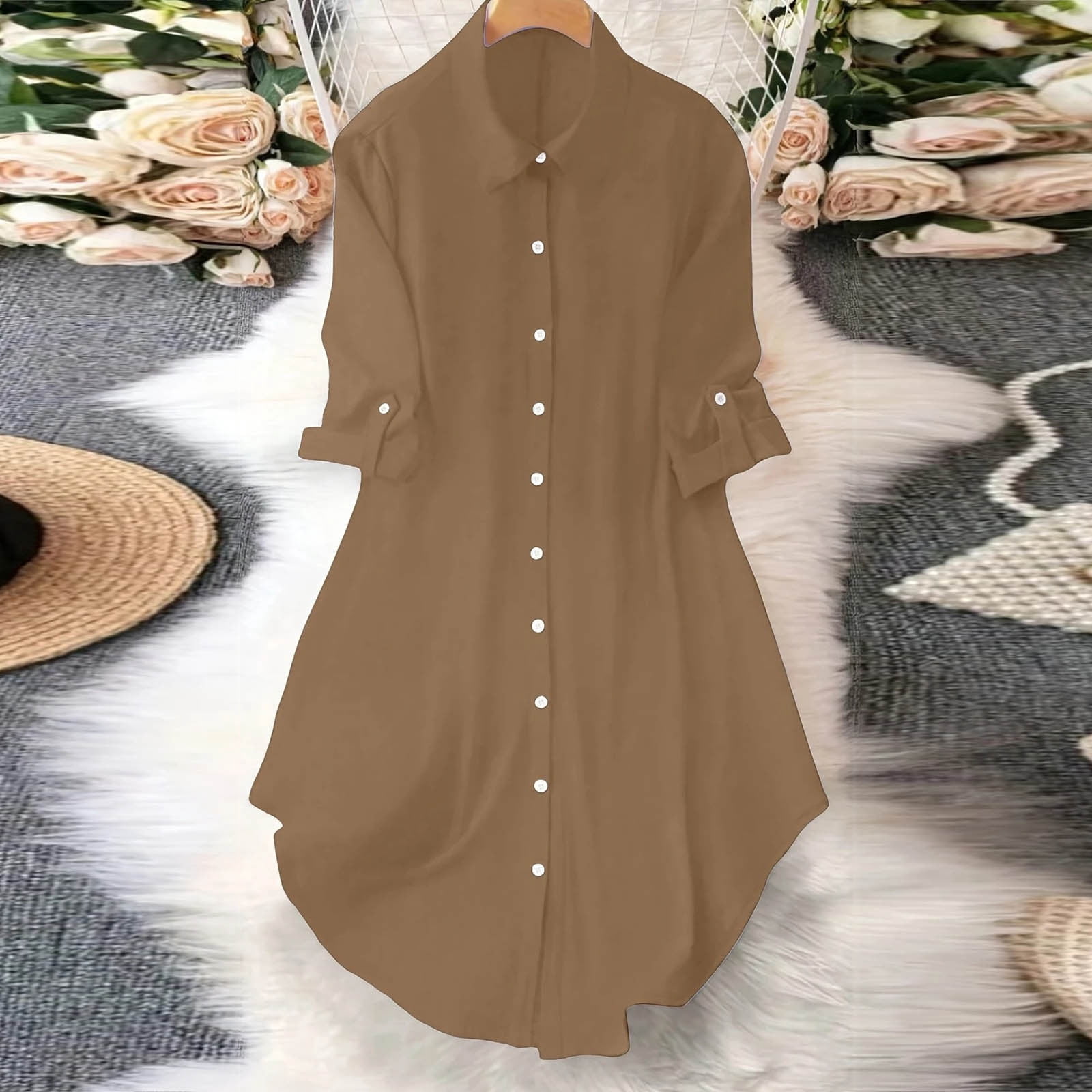 JGGSPWM Women's Casual Button Down Maxi Shirt Dress 3/4 Sleeve Solid Turn Down Collar Shirt Tunic Long Dress Brown L