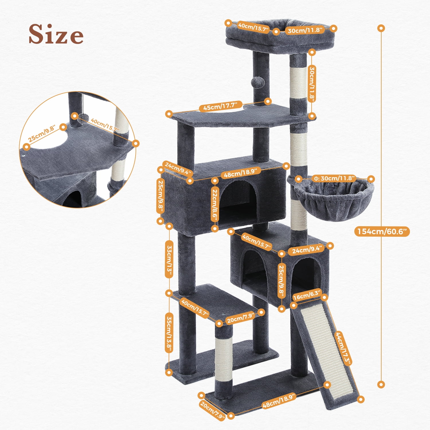 PEQULTI 61" Modern Cat Tree Large Cat Tower with Ladder and Dual Condos Indoor Dark Gray