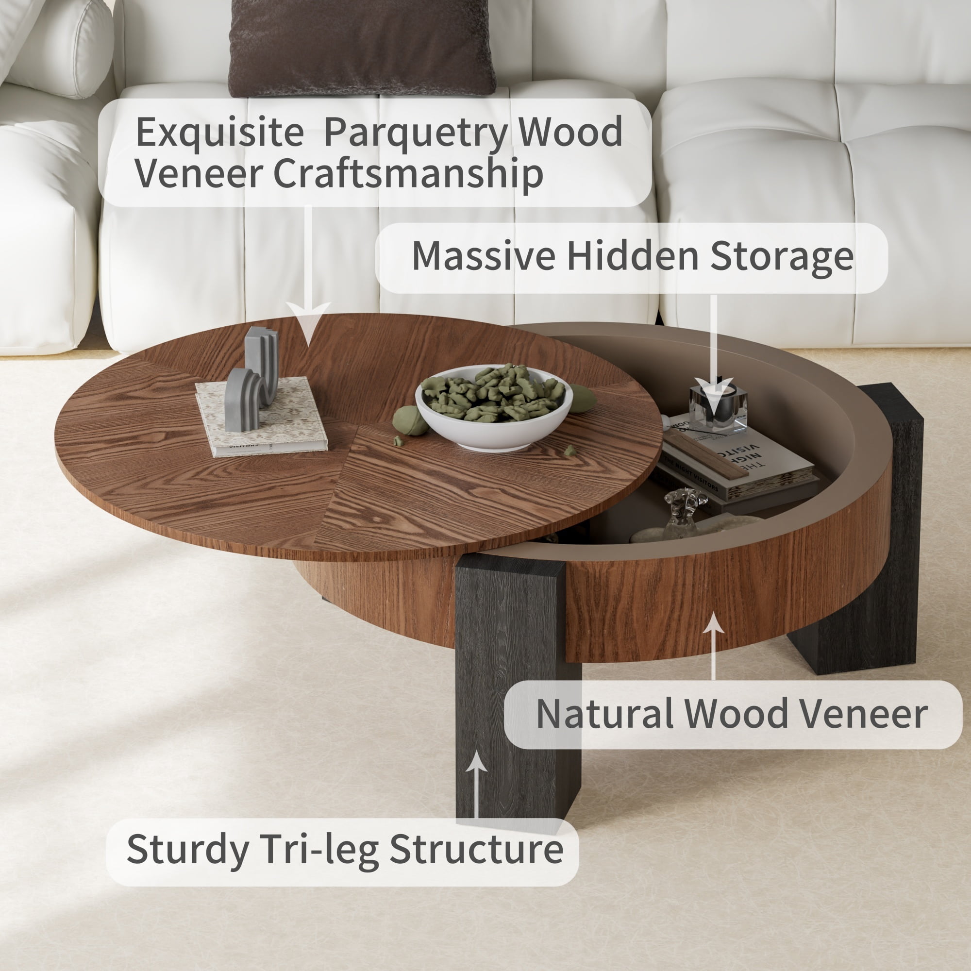 1PCS Round Coffee Table with Hidden Storage Compartment, Modern Wood Veneer Accent Center End Table with 3 Block Legs
