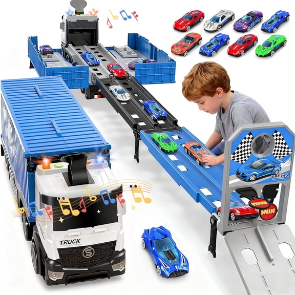 Sunforu Vehicle Playset with Transport Truck, Race Track, 8 Mini Race Cars, Light & Music for Boys & Girls Ages 3-6