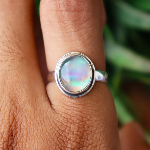 Aurora Opal Ring, Statement Ring, Thick Band Ring, 925 Sterling Silver, Round Gemstone Ring, Multi Fire Opal Jewelry, Women's Jewelry Gift**