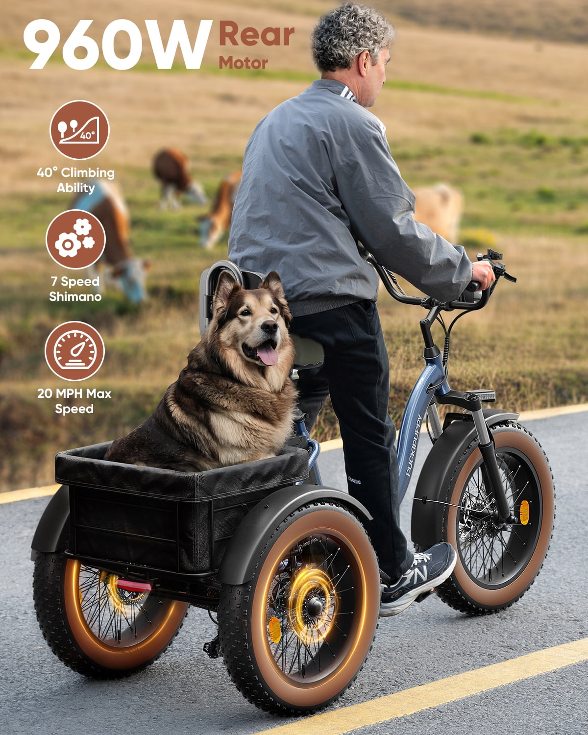 PUCKIPUPPY Electric Tricycle for Adults 960W Rear Motor 55Miles Range 20mph Max Speed 20" Fat Tire Electric Trike 3 Wheel Electric Bike 48V 15AH Battery E-Mountain Bike, Comply with UL2849 By SGS