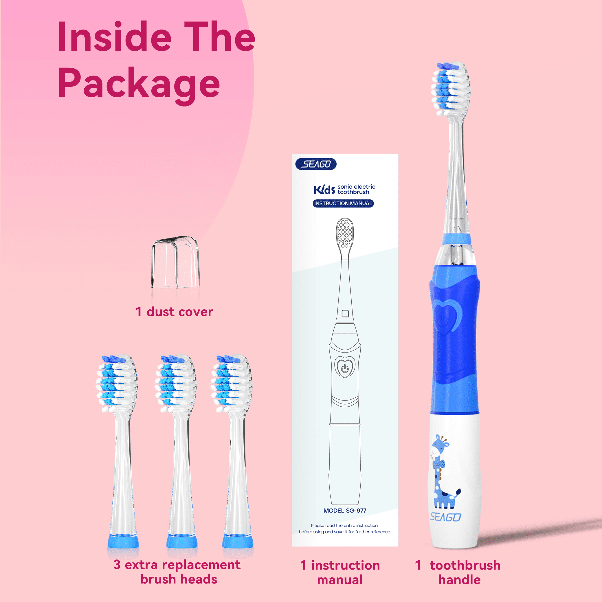 Seago Kids Electric Toothbrush, Rainbow LED Light,4 Brush Heads,for Kids 3+