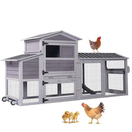 Aivituvin 80" Large Mobile Chicken Coop with Wheels & Run,  Wooden Chicken House Poultry Cage with Nesting Box for Outdoor, Gray