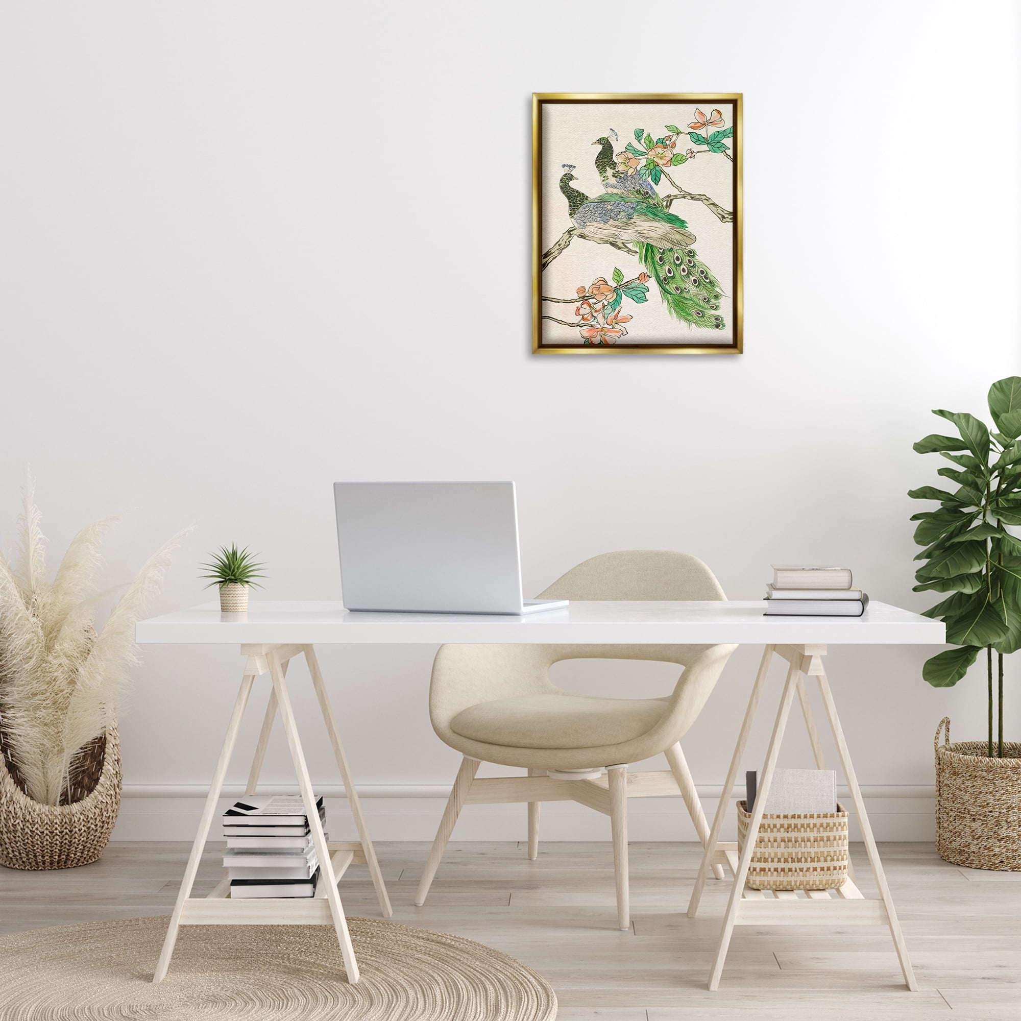 Stupell Industries Peacock Perched on Branch Animals & Insects Painting Gold Floater Framed Canvas Art Print Wall Art, 17 x 21
