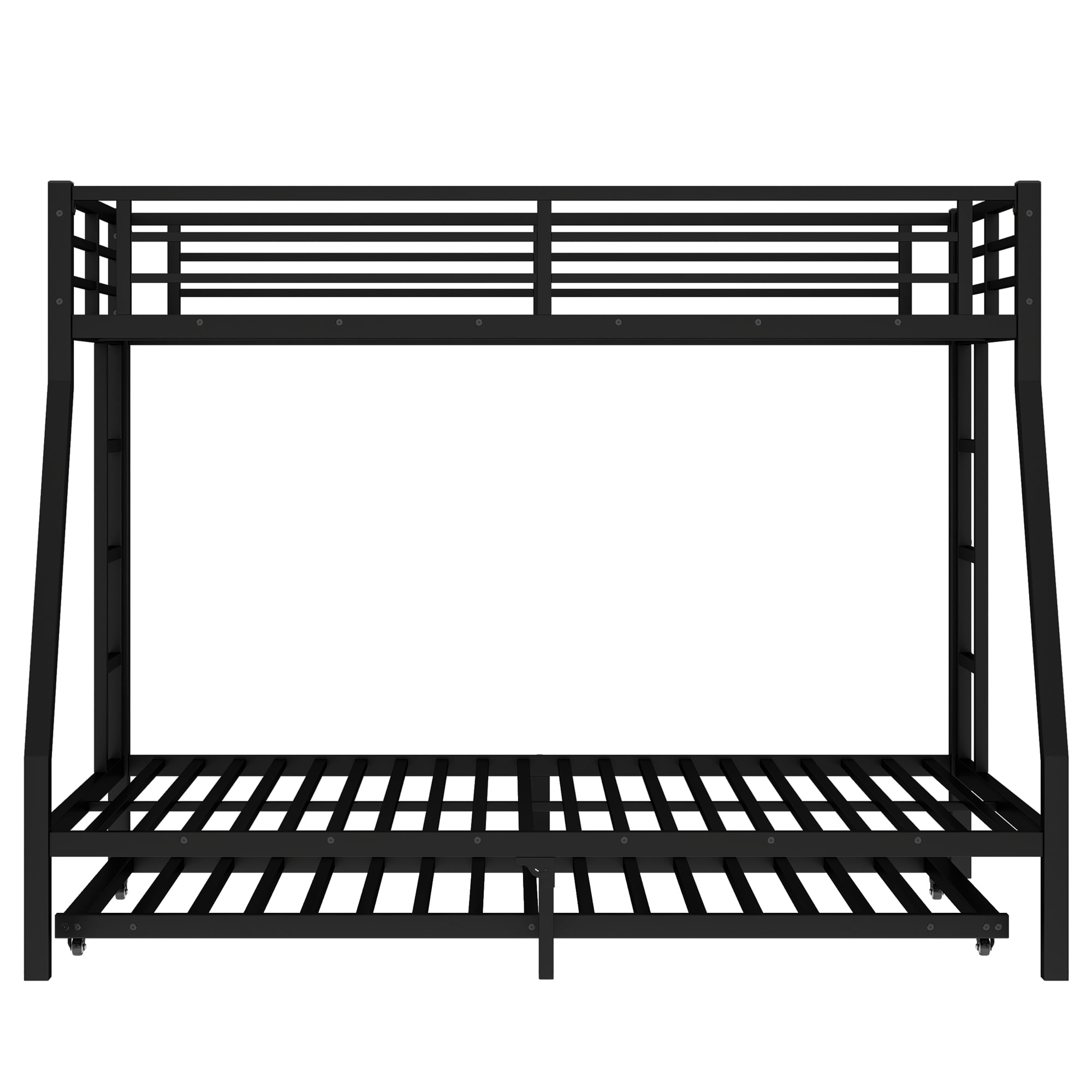 Leumius Metal Bunk Bed with Trundle,Twin over Full Bunk Bed with with Ladder & Guardrails,Heavy-Duty Bunk Bed Frame for Kids/Teens/Adults,Space-Saving/Noise Reduced/No Box Spring Needed,Black