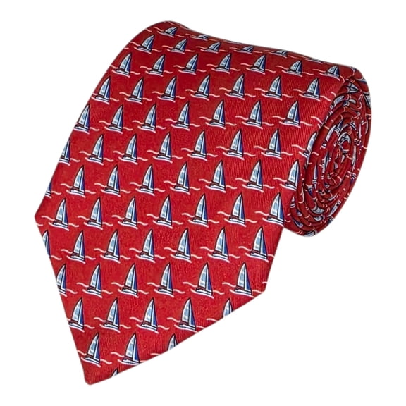 Romario Manzini Blue and Red Nautical Sailboat Design PRINTED DESIGN TIE