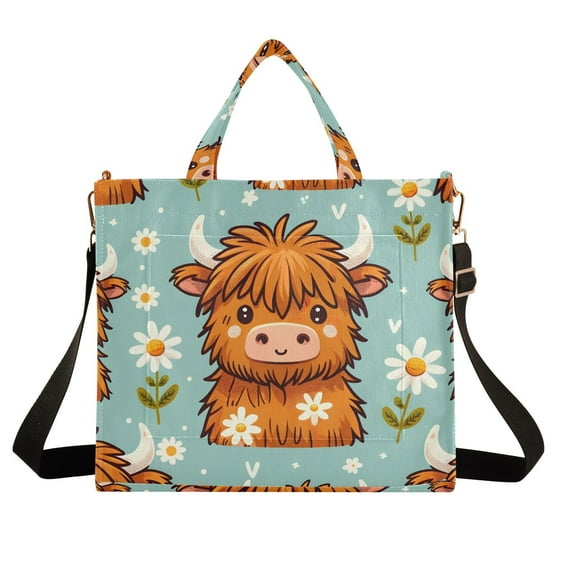 Daisy Cows Flowers Corduroy Tote Bag Handbag Large Messenger Bag Shoulder Crossbody Zipper Bag Purse