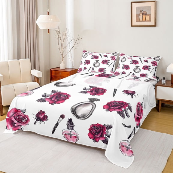 jejeloiu Girls Perfume Cosmetics Twin Sheet Sets,Red Flower Blossom Bedding For Girls Teens 3pcs