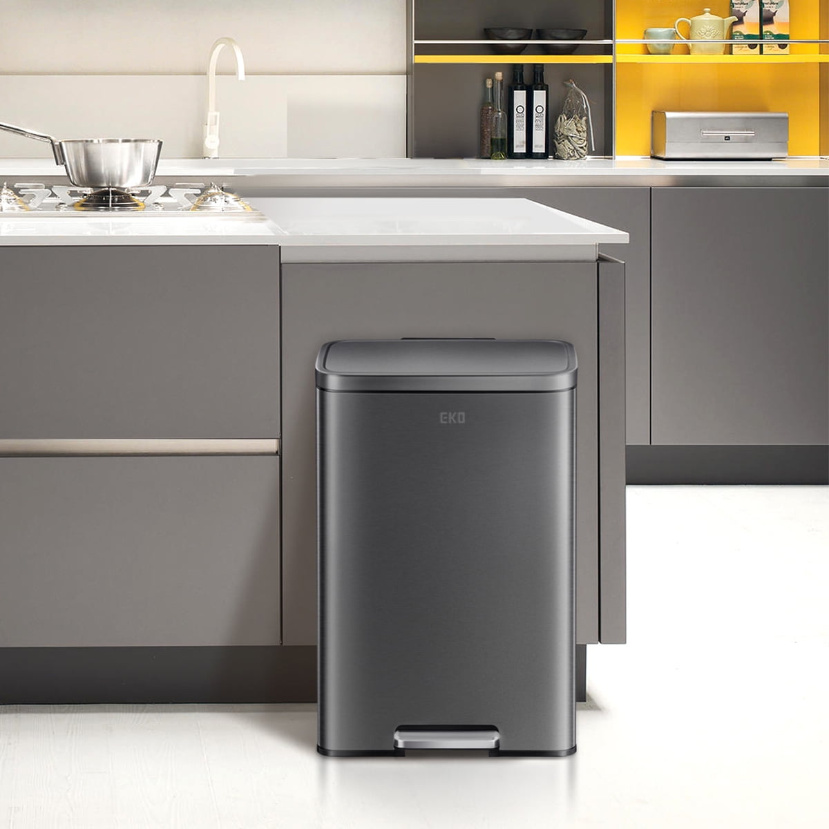EKO Madison Matte Black 13.2 Gallon Step Trash Can, Fingerprint Resistant Kitchen Trash Can