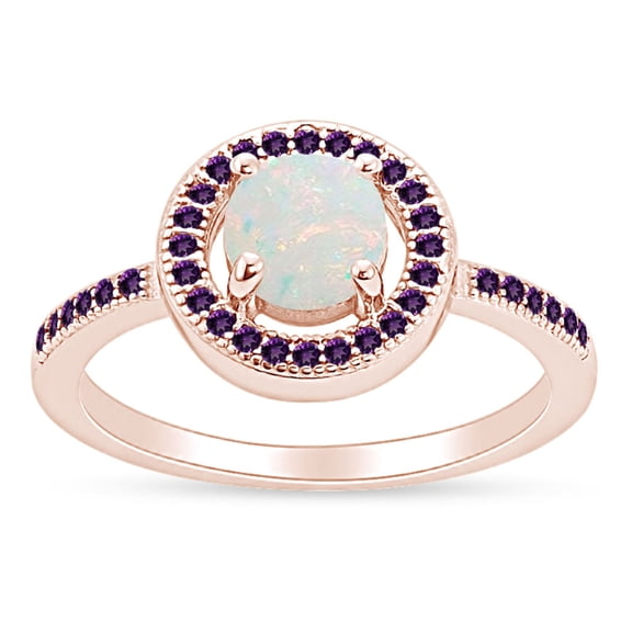 Round Cut Lab Created Opal And Simulated Amethyst Solitaire Design, Halo Engagement Ring In 14k Rose Gold Over Sterling Silver