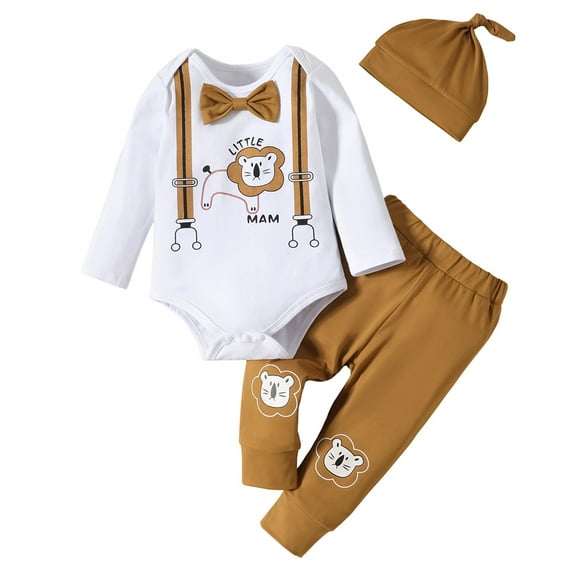 BULLPIANO Newborn Boy Clothes Baby Boy Outfit Cute Patterns Long Sleeve Romper Bodysuit Pant Hat 3PCS Infant Outfits Set, Size 9-12 Months