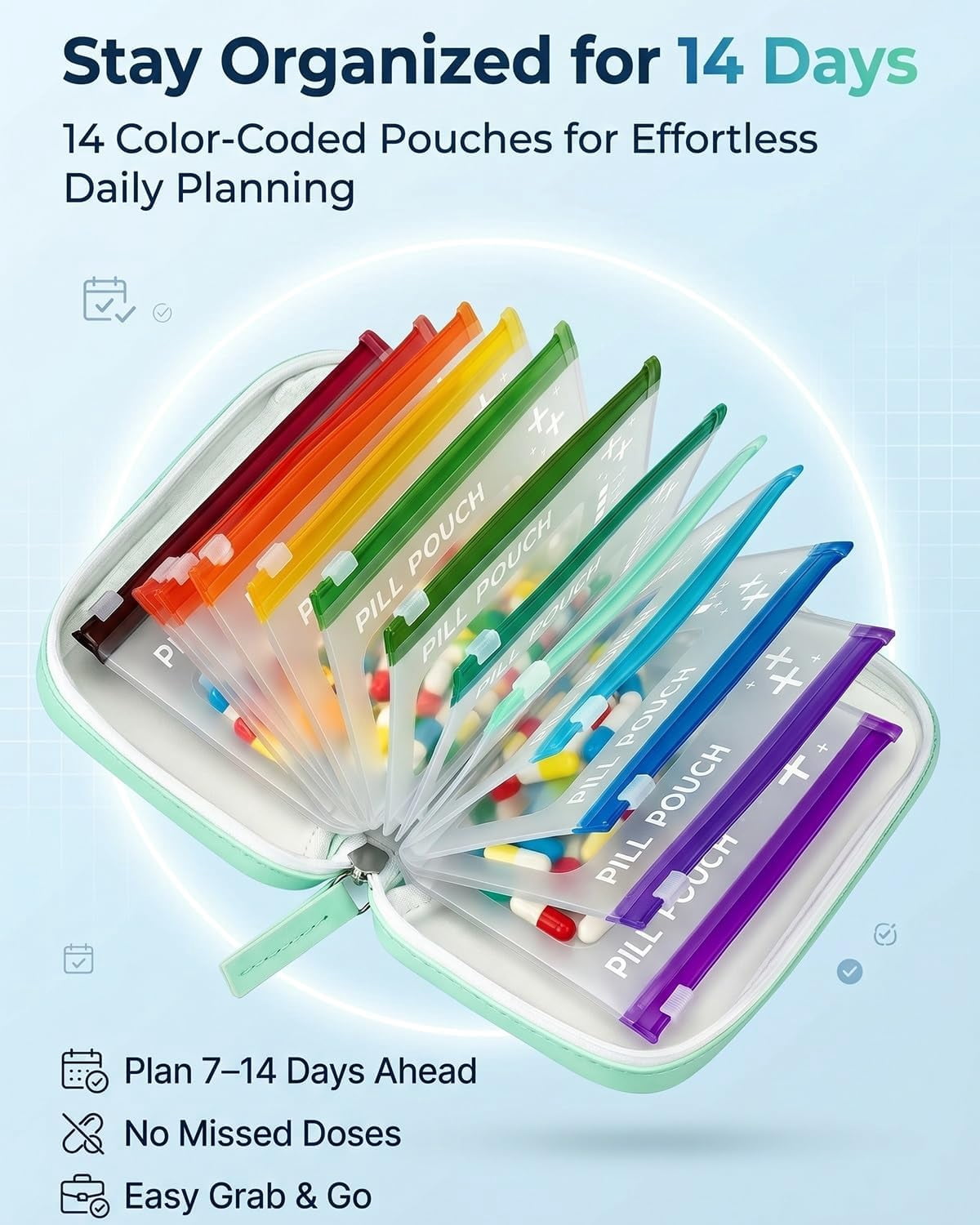 A8 Waterproof Pill Organizer & Travel Medicine Case with 14 Color-Coded Pouches, Leakproof Zippered Daily Pills Holder for Travel (Black)