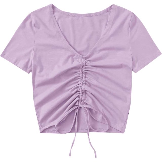 Blusa corta de manga corta con cuello en V y cordón frontal para mujer Lila Púrpura G Lila Púrpura G Xishao ropa