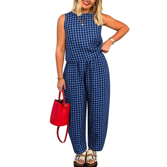 HOZADOIE 2 Piece Sets for Women Pure Cotton Plaid Lounge Sets Spring Summer Solid Color Crew Neck Sleeveless Tank Top Elastic Waist Casual Pants with Pockets Lightweight Matching Sets