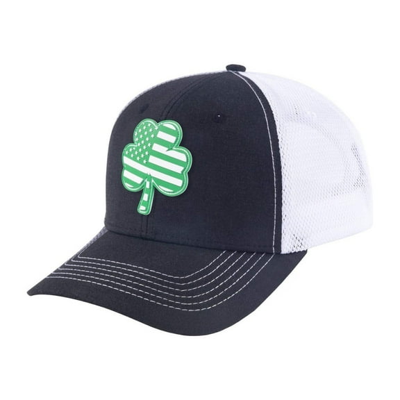 Unisex Embroidered St. Patrick'S Day Four Leaf Shamrock, 6-Panel Trucker Hat, Black/White, Adjustable Fit