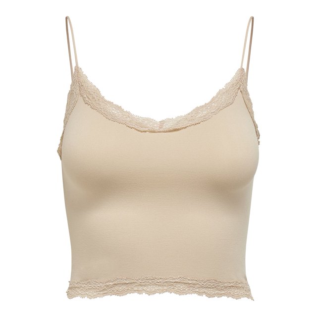 ONLY Top corto para mujer - ONLVICKY LACE SEAMLESS CROPPED TOP, top de tirantes, encaje Beige L/XL (Large/X-Large)
