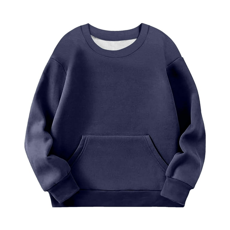 Girls Boys Fashion Sweatshirt Child Solid Color Long Sleeve Crewneck Basic  Pullover Tops with Pockets Oversized Sweatshirt Girl Navy 110