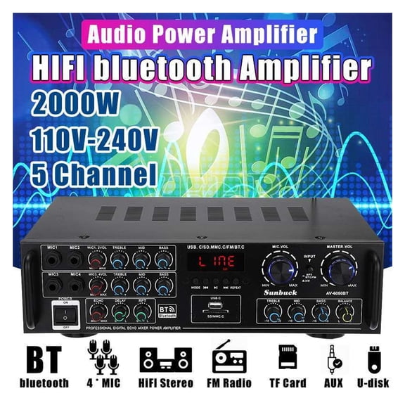 2000W 5CH Home HIFI Digital Amplifier Bluetooth 5.0 Audio Power Car Stereo Amplifier Karaoke Amp Subwoofer AV-6060BT