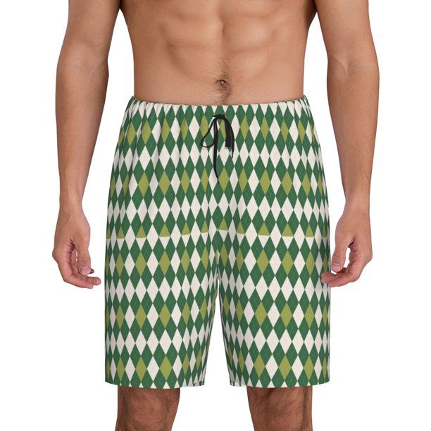Balery Light Green Squares Pantalones cortos de pijama de punto de algodón para hombre con cinturilla y bolsillos-Small