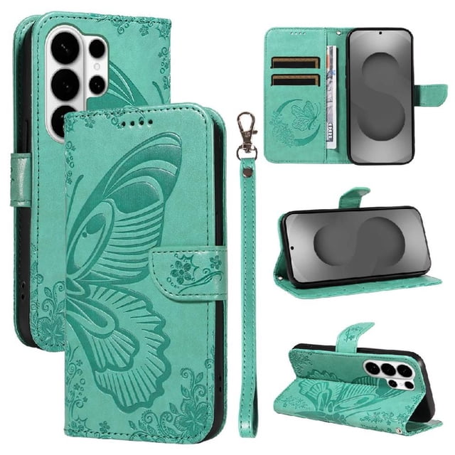 Wallet Case for Samsung Galaxy S26 Ultra Embossed Butterfly with Strap & Stand Green