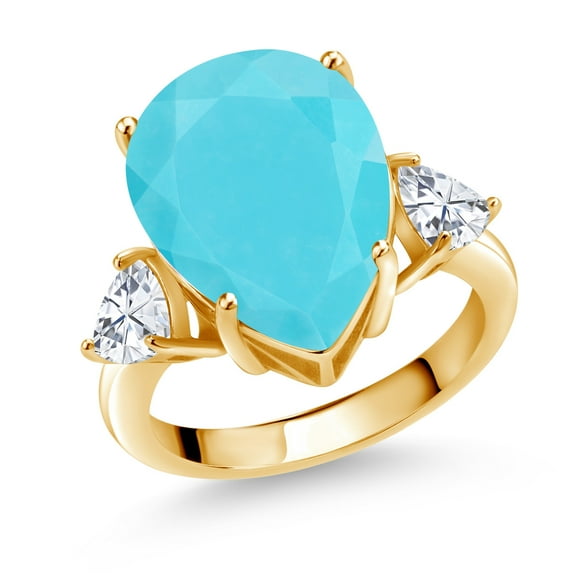 Gem Stone King 18K Yellow Gold Plated Silver 3-Stone Ring Pear Shape Green Turquoise and Moissanite (6.94 Cttw, Size 8)