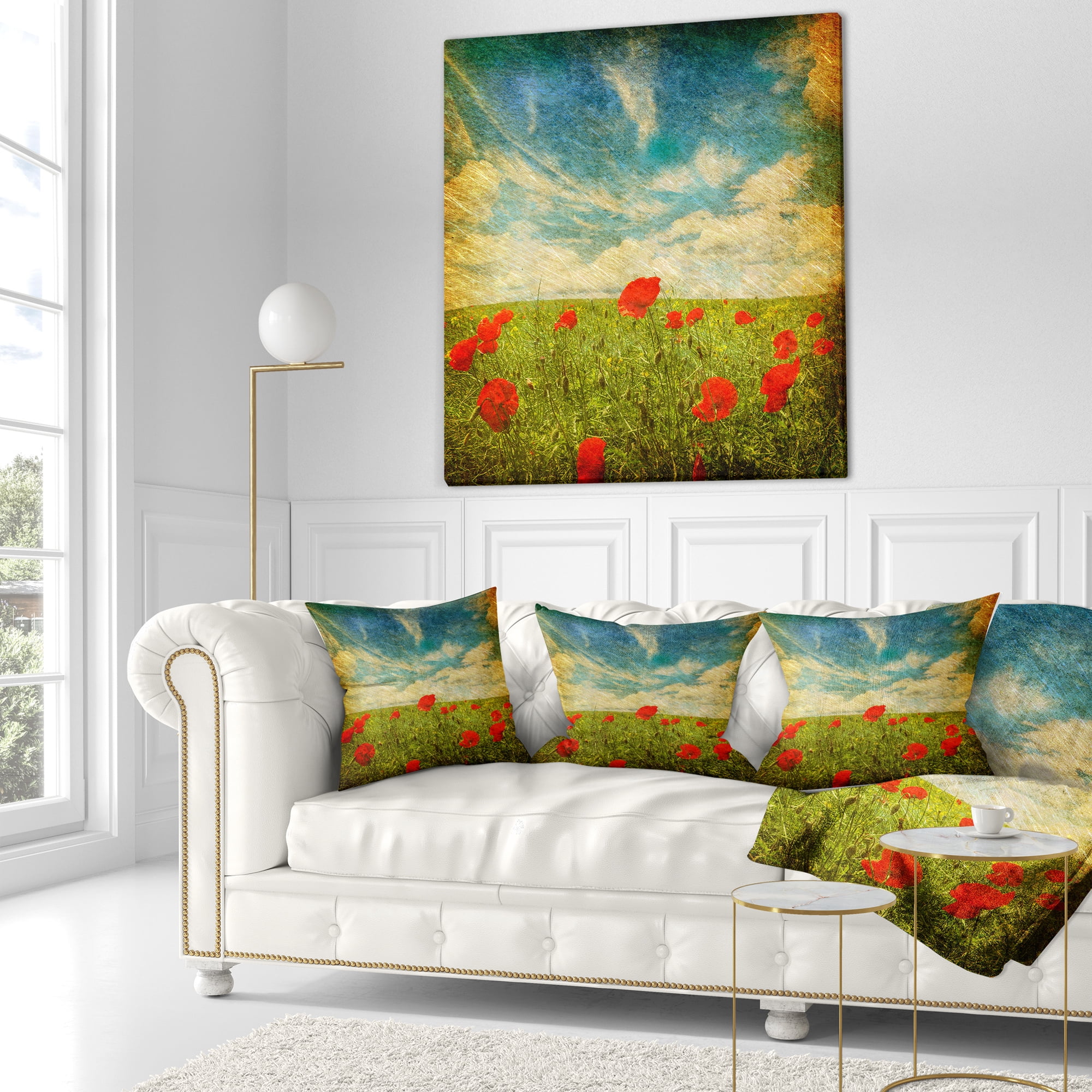 Designart Sky Background with Red Poppies - Floral Throw Pillow - 18x18