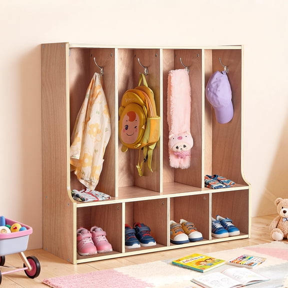 VEVOR 4-Section Kids Coat Locker, Wooden Toddler Cubby Storage Organizer with 8 Hooks & Non-Slip Mat, Modern Kid Coat Cubbies with 4 Small Open Storage Boxes for Home, Kindergarten, Daycare, Natural