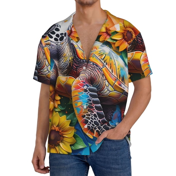 Fotbe Sunflower Turtle Camisa Estampada de Manga Corta para Hombre, Casual de Verano, Estilo Playero, Sin Arrugas-Small