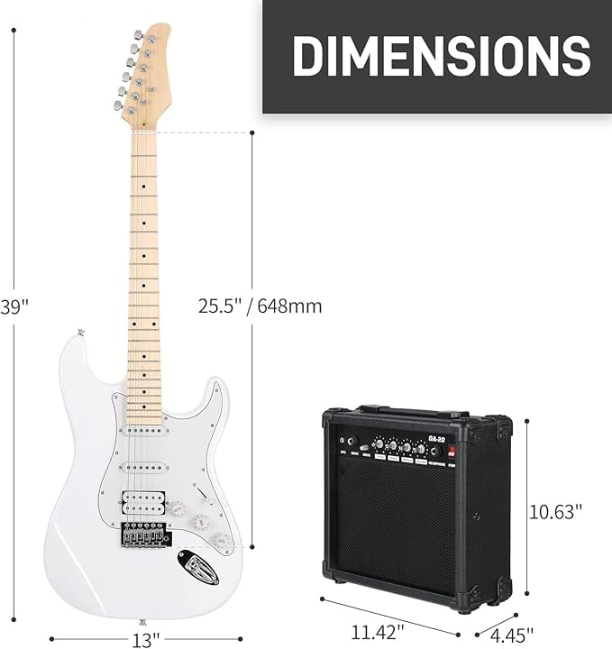 HarmonyStrings 39 Inch Rosewood Fingerboard Electric Guitar,Electric Guitar Beginner Kit Solid Body Full Size Pick Up for Starter, with Bag, Picks, Capo, Strap, Cord,Allen Wrench, Tremolo Arm White