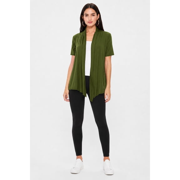 MOA COLLECTION Women's Casual Solid Short Sleeve Basic Open Draped Front Cardigan Office Wear