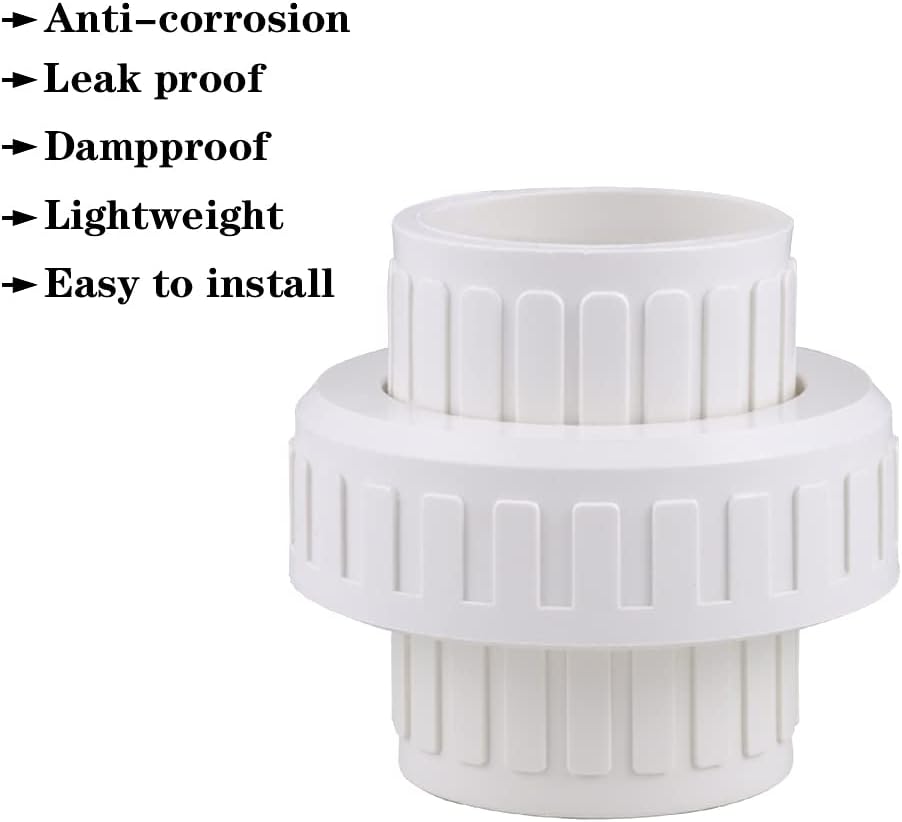 2" PVC Union Coupling Pipe Fitting (Socket x Socket) PVC Adapter Schedule 40, EPDM O-Ring, White 2 Pack