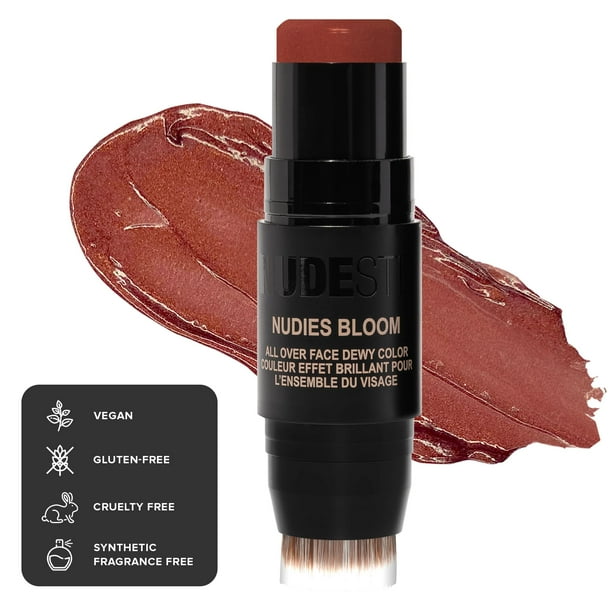 Nudestix Nudies Bloom Dewy And Radiant Cream Blush 3 en 1 Color para todo el rostro para mejillas, ojos y labios con brocha para mezclar (Crimson Lover)