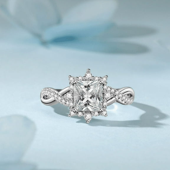 Bow Jewelry Princess Cut 1.57 Ct Excellent Moissanite Twisted Wedding Ring - 14K White Gold Plated Ring - Engagement Anniversary Motif Halo Ring - Infinity Promise Ring for Valentine's Day Gift