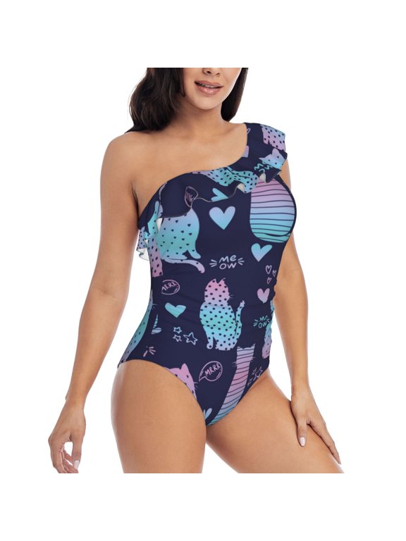Picia Silhouette Cats Pattern Women's One Piece Swimsuits,One Shoulder Swimwear Asymmetric ,Ruffle Monokinis Bathing Suits,High Waisted Flattering Bathing Suits-Small