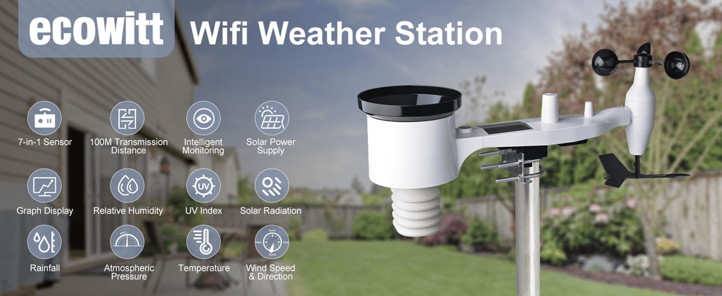 Ecowitt WS3900 Weather Station with 7-in-1 Outdoor Sensor and 7.5-Inch LCD Display