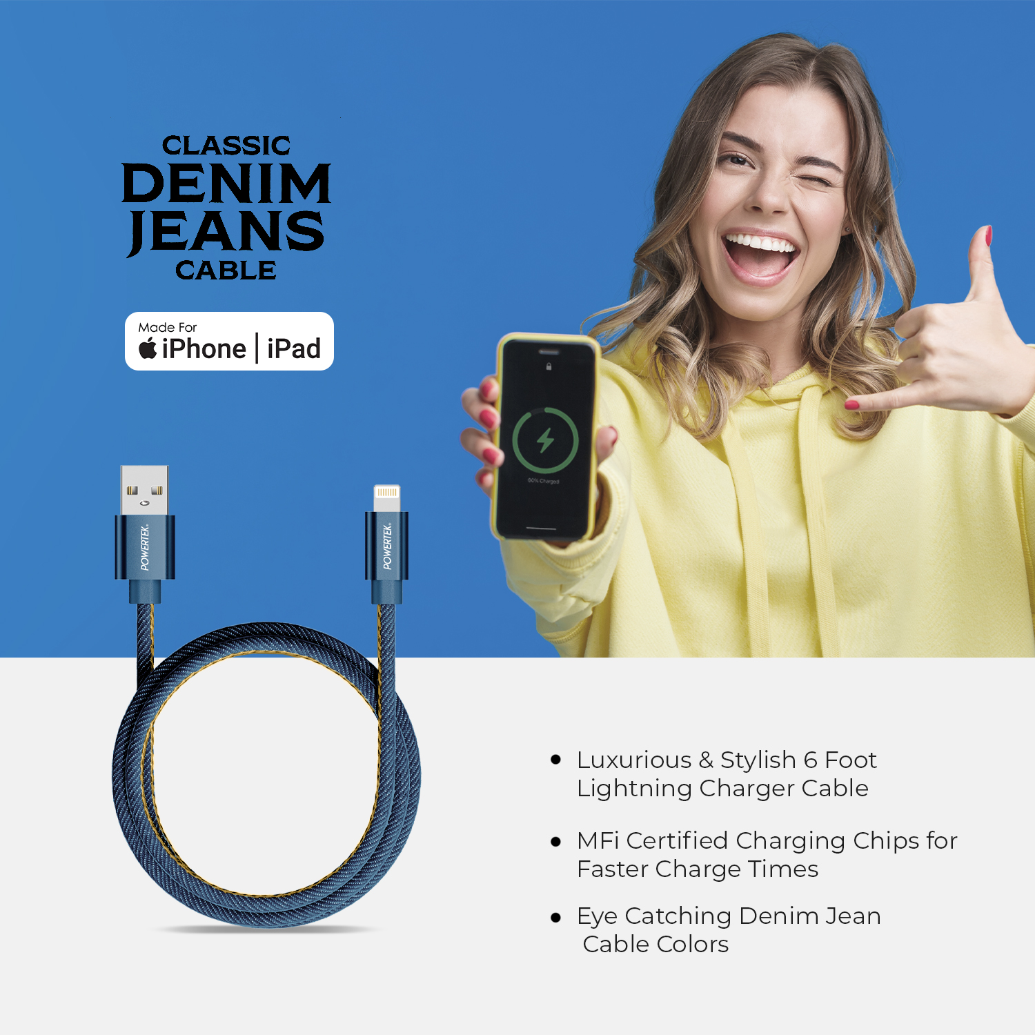 Liquipel Powertek Denim Lightning Cable, 6 ft, Blue photo 3